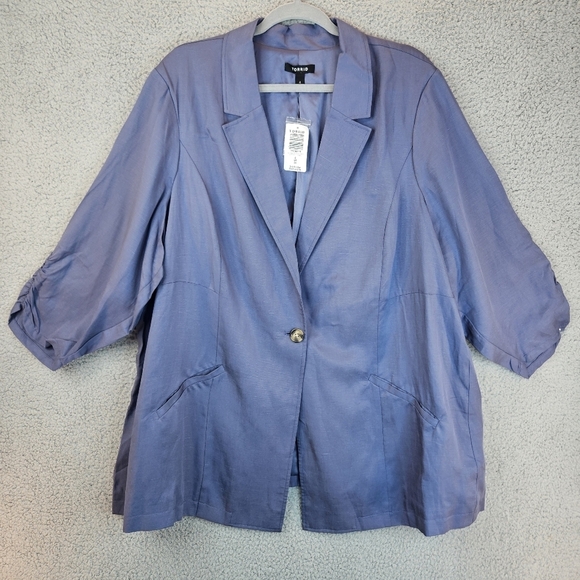 Torrid Womens Night Shade Blue Lyocell & Linen Blend Blazer Sz 4X Ruched Sleeves - Picture 2 of 16